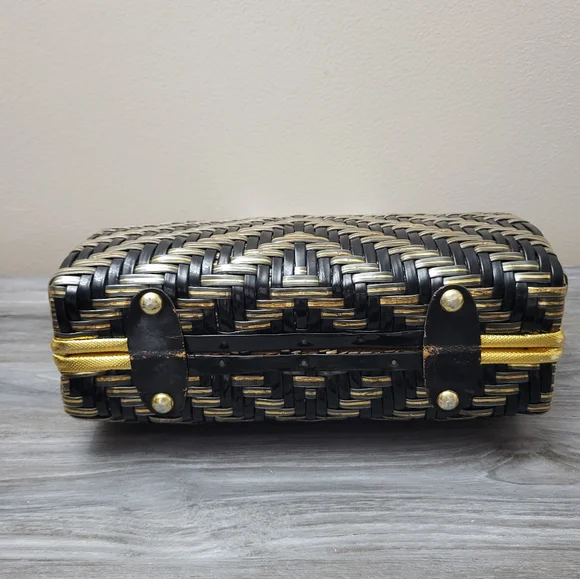 Vintage Stylecraft Black Gold Woven Plastic Handbag MCM - Picture 6 of 12
